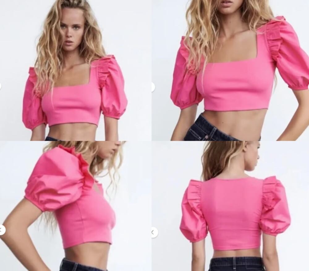 Zara Bubblegum Pink Puff Sleeve Ruffle Crop Top Medium